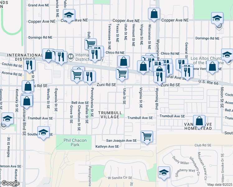 map of restaurants, bars, coffee shops, grocery stores, and more near 308 Texas Street Southeast in Albuquerque