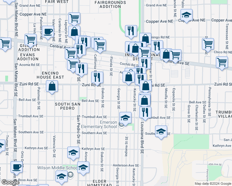 map of restaurants, bars, coffee shops, grocery stores, and more near 437 Georgia Street Southeast in Albuquerque