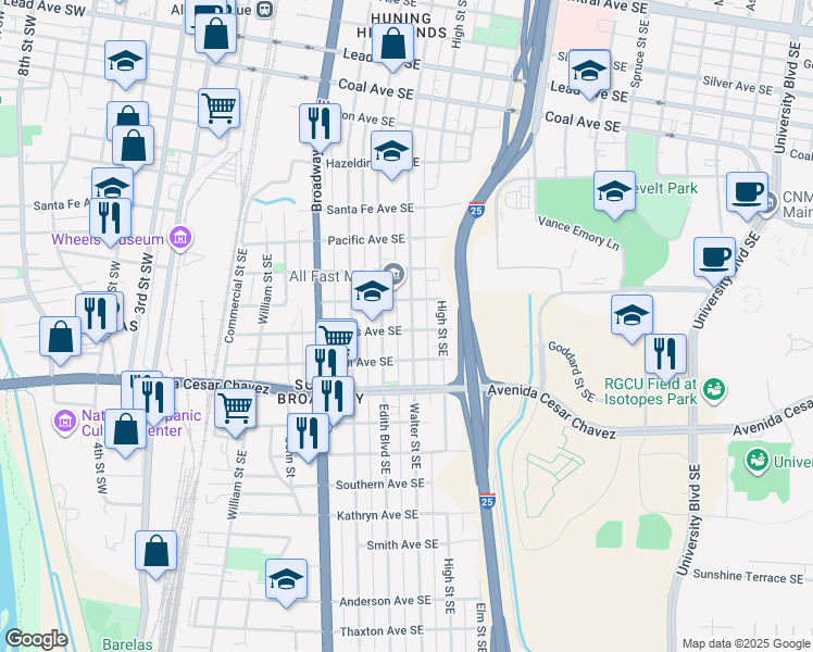 map of restaurants, bars, coffee shops, grocery stores, and more near 620 Lewis Avenue Southeast in Albuquerque