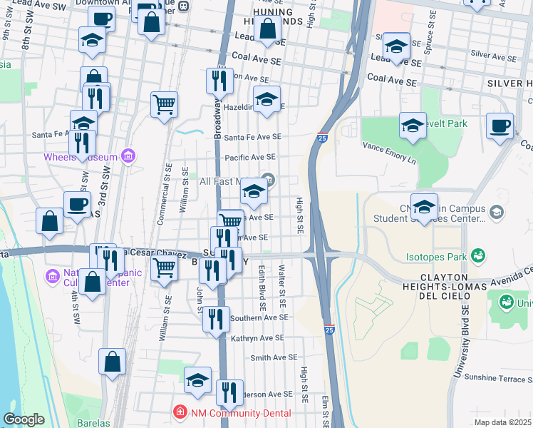 map of restaurants, bars, coffee shops, grocery stores, and more near 620 Lewis Avenue Southeast in Albuquerque
