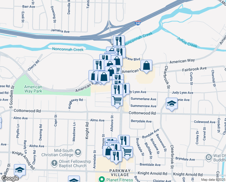 map of restaurants, bars, coffee shops, grocery stores, and more near 4694 Cotton Drive in Memphis