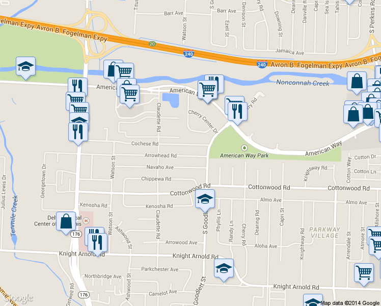 map of restaurants, bars, coffee shops, grocery stores, and more near 4241 Arrowhead Road in Memphis
