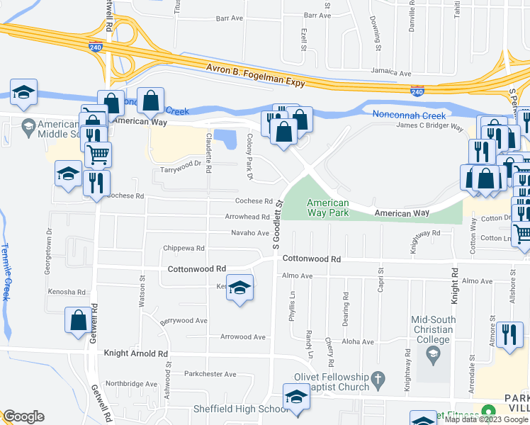 map of restaurants, bars, coffee shops, grocery stores, and more near 4248 Arrowhead Road in Memphis