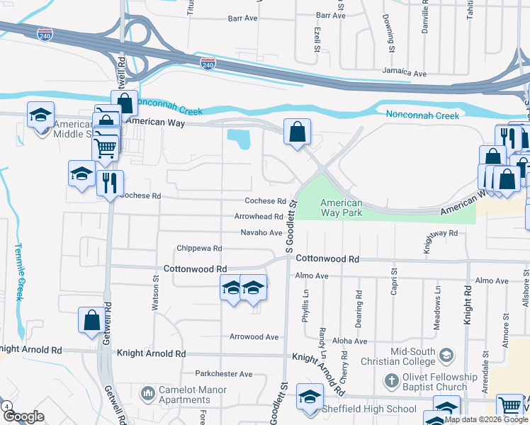 map of restaurants, bars, coffee shops, grocery stores, and more near 4241 Arrowhead Road in Memphis
