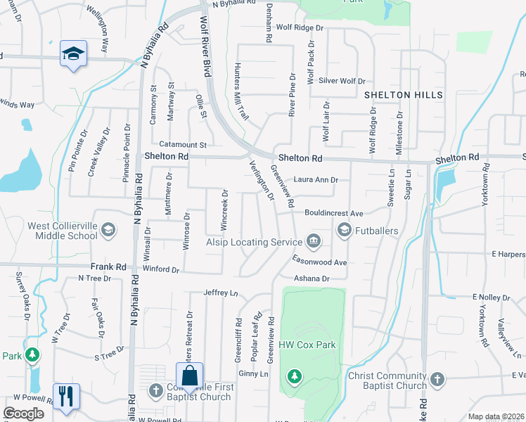 map of restaurants, bars, coffee shops, grocery stores, and more near 1169 Verlington Drive in Collierville