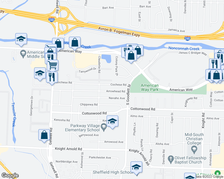 map of restaurants, bars, coffee shops, grocery stores, and more near 4200 Arrowhead Road in Memphis
