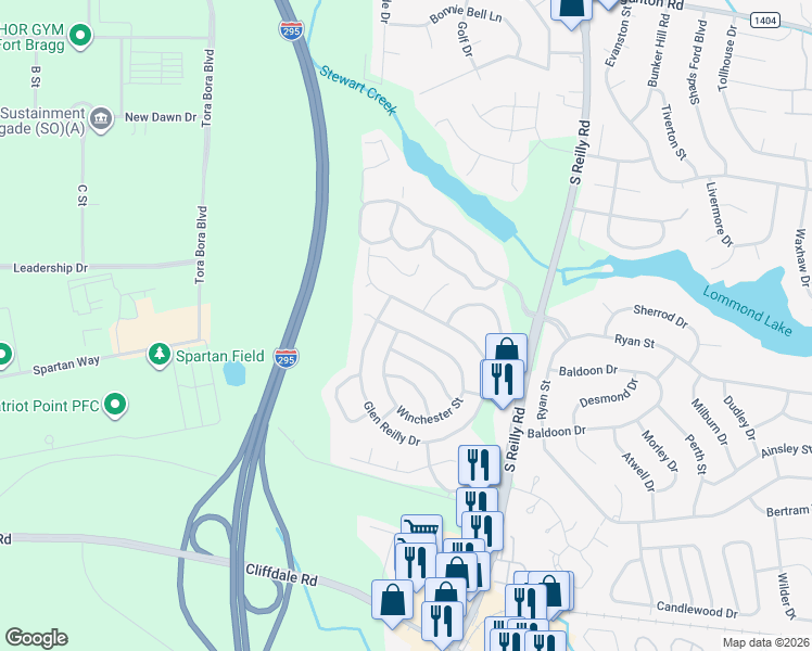map of restaurants, bars, coffee shops, grocery stores, and more near 6875 Winchester Street in Fayetteville