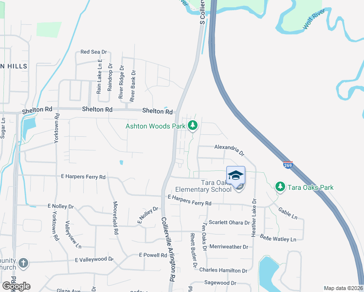 map of restaurants, bars, coffee shops, grocery stores, and more near 1173 Clear Creek Road in Collierville