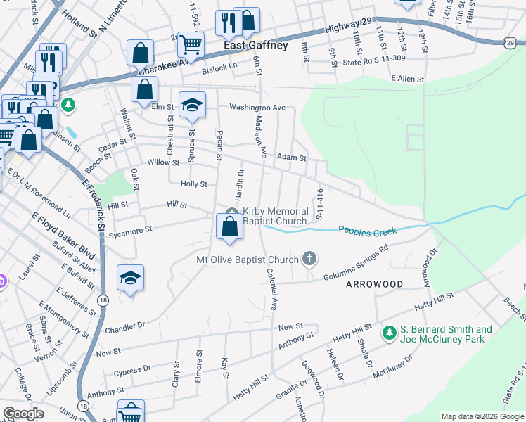 map of restaurants, bars, coffee shops, grocery stores, and more near 112 Osment Street in Gaffney
