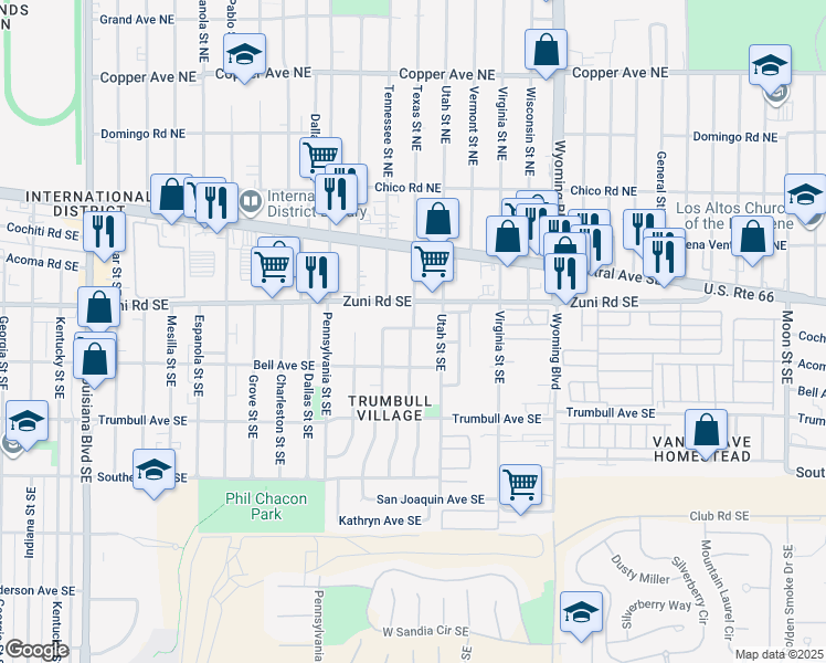 map of restaurants, bars, coffee shops, grocery stores, and more near 308 Texas Street Southeast in Albuquerque