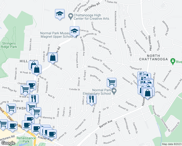 map of restaurants, bars, coffee shops, grocery stores, and more near 711 Boylston Street in Chattanooga