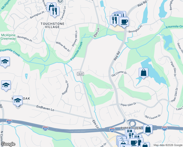 map of restaurants, bars, coffee shops, grocery stores, and more near 7007 Golden Rain Court in Charlotte