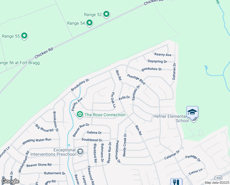 map of restaurants, bars, coffee shops, grocery stores, and more near 6741 Pin Oak Lane in Fayetteville