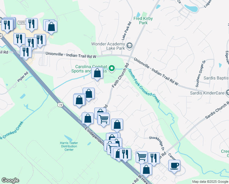 map of restaurants, bars, coffee shops, grocery stores, and more near 3520 Selway Drive in Indian Trail