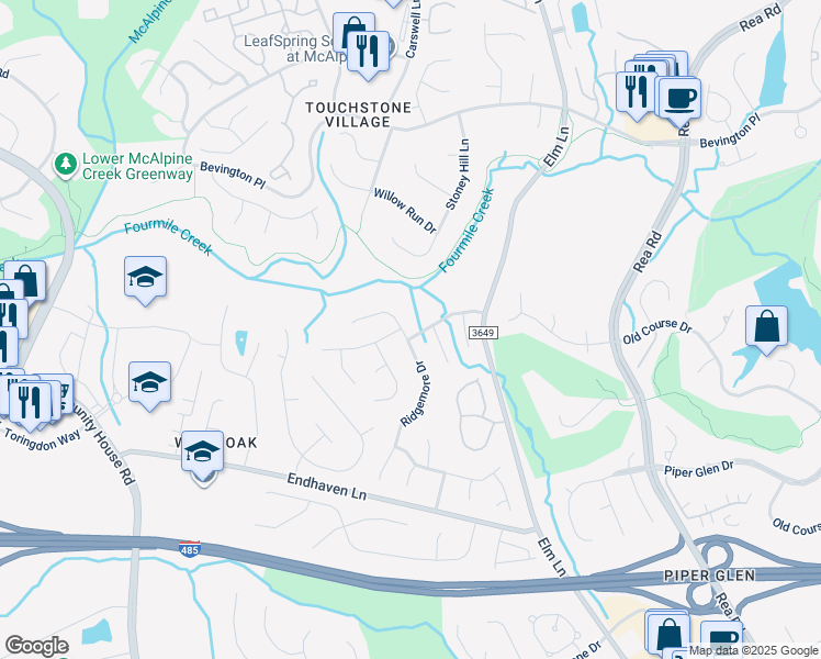 map of restaurants, bars, coffee shops, grocery stores, and more near 6230 Creek Bend Drive in Charlotte
