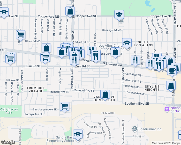map of restaurants, bars, coffee shops, grocery stores, and more near 305 Magin Street Southeast in Albuquerque
