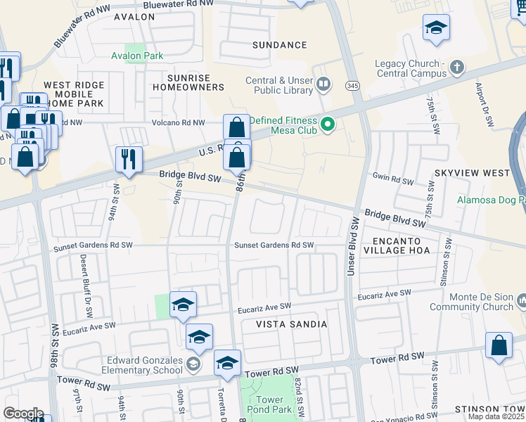map of restaurants, bars, coffee shops, grocery stores, and more near 8200 Bridge Boulevard Southwest in Albuquerque
