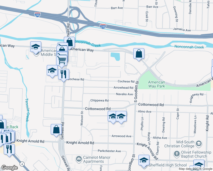 map of restaurants, bars, coffee shops, grocery stores, and more near 4159 Arrowhead Road in Memphis