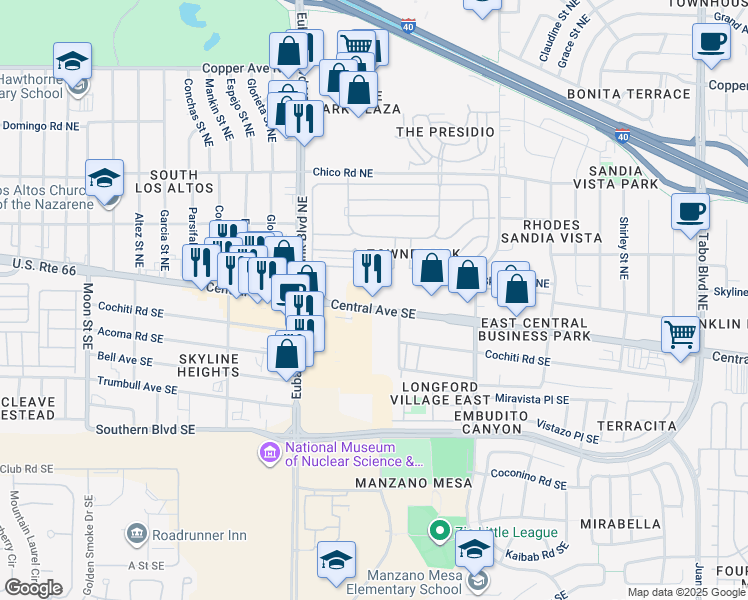 map of restaurants, bars, coffee shops, grocery stores, and more near 10605 Central Avenue Northeast in Albuquerque
