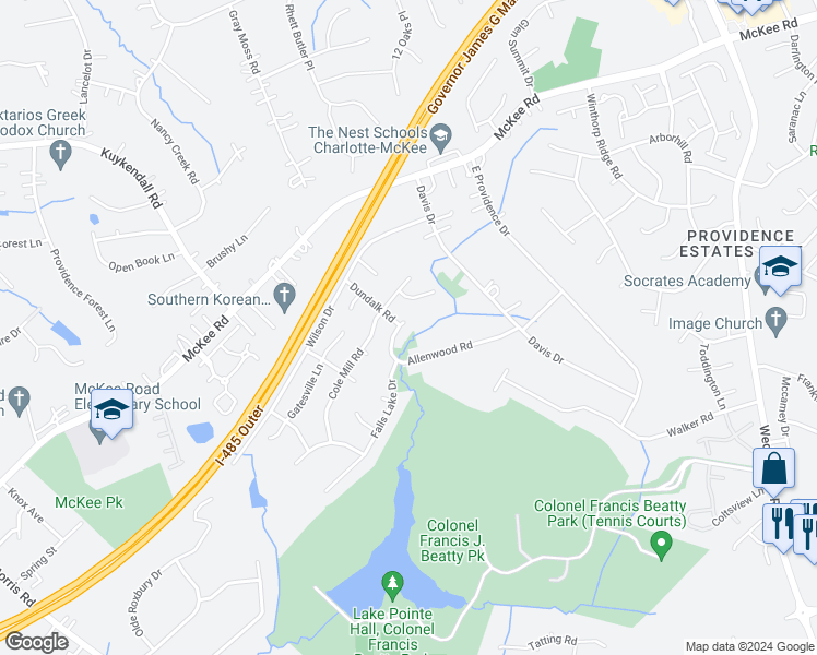 map of restaurants, bars, coffee shops, grocery stores, and more near 3424 Allenwood Road in Charlotte
