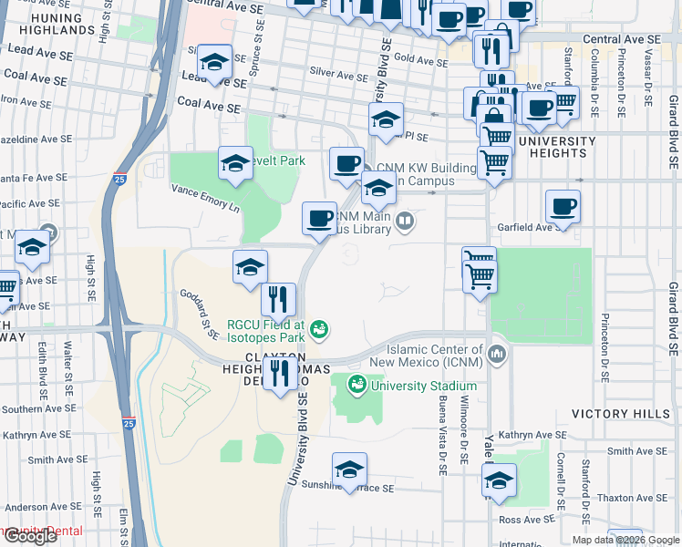 map of restaurants, bars, coffee shops, grocery stores, and more near 900 University Boulevard Southeast in Albuquerque