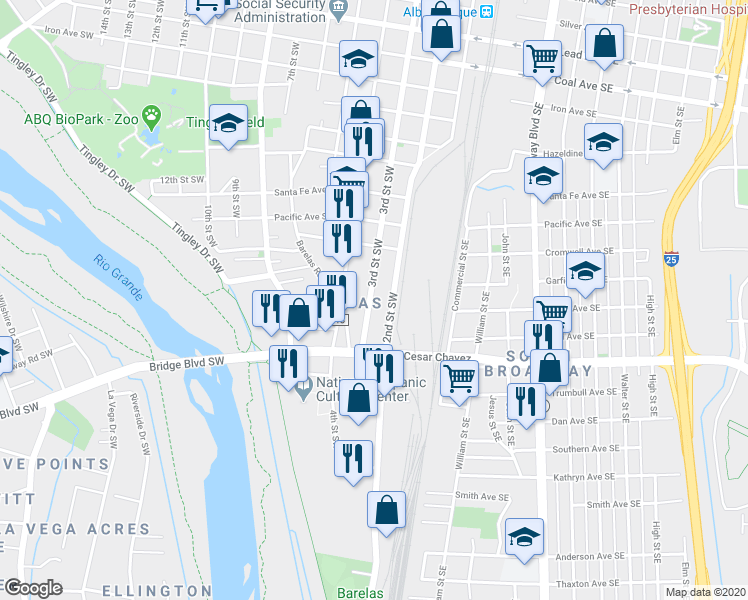 map of restaurants, bars, coffee shops, grocery stores, and more near 1411 3rd Street Southwest in Albuquerque