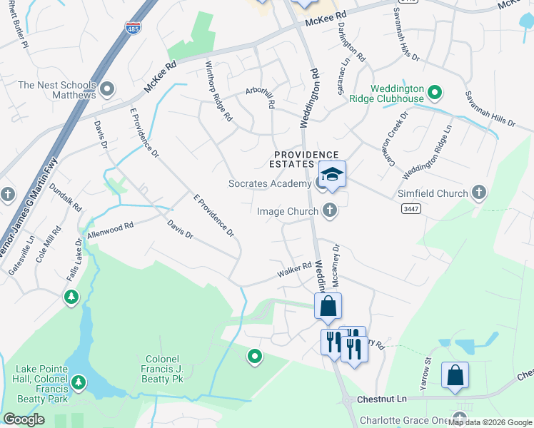 map of restaurants, bars, coffee shops, grocery stores, and more near 2517 Portstewart Lane in Charlotte