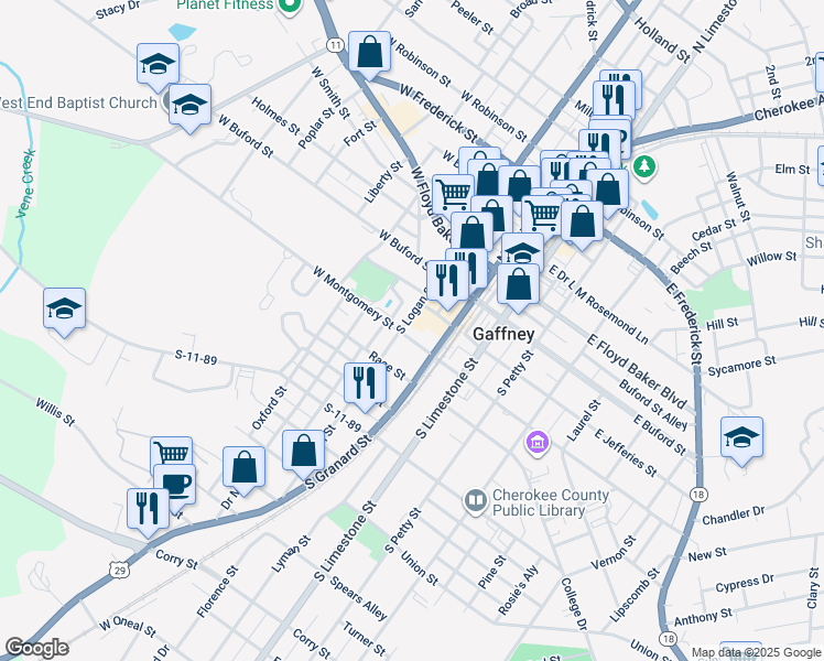 map of restaurants, bars, coffee shops, grocery stores, and more near 211 West Montgomery Street in Gaffney