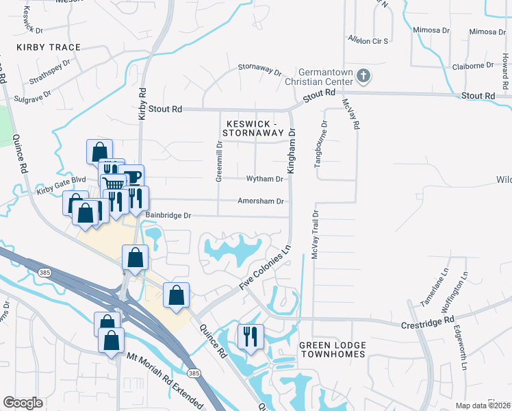map of restaurants, bars, coffee shops, grocery stores, and more near 6842 Bainbridge Drive in Memphis