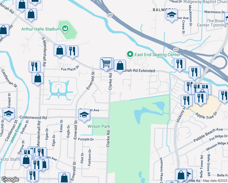 map of restaurants, bars, coffee shops, grocery stores, and more near 2824 Clarke Road in Memphis