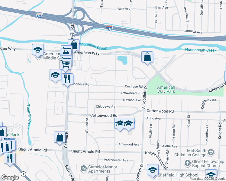 map of restaurants, bars, coffee shops, grocery stores, and more near 4159 Arrowhead Road in Memphis