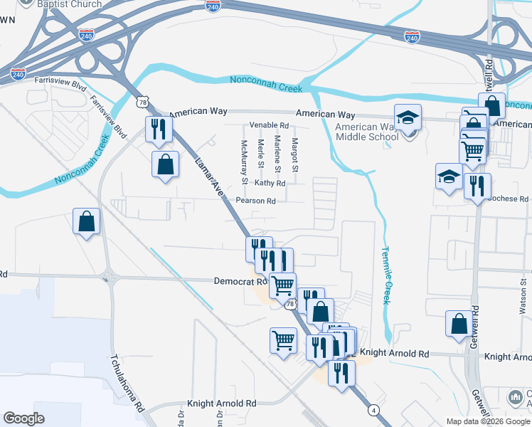 map of restaurants, bars, coffee shops, grocery stores, and more near 3567 Fuller Road in Memphis