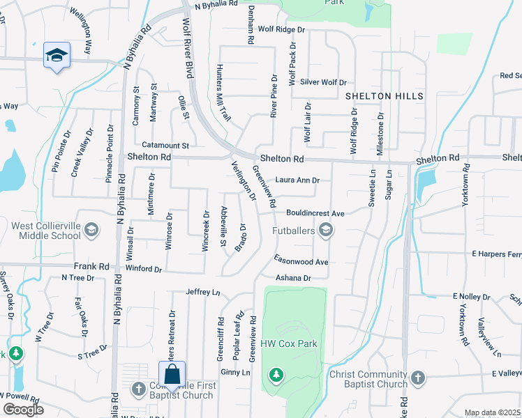 map of restaurants, bars, coffee shops, grocery stores, and more near 1184 Verlington Drive in Collierville