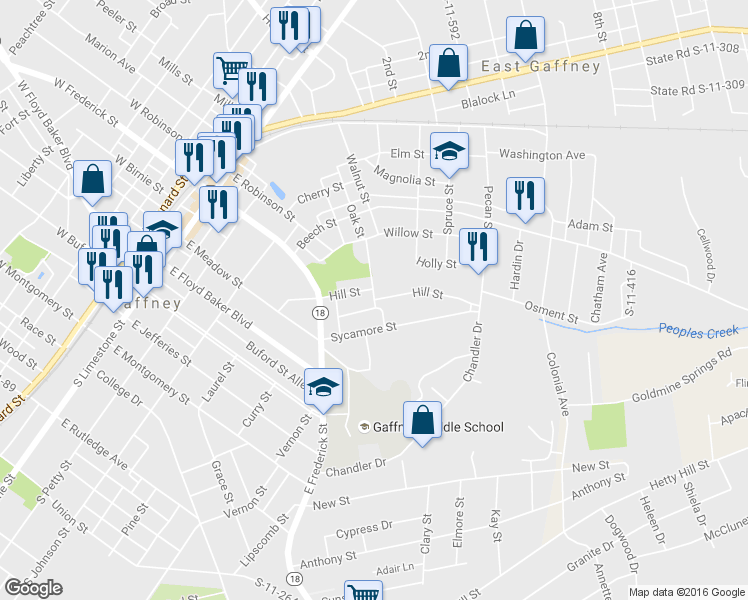 map of restaurants, bars, coffee shops, grocery stores, and more near 700 Oak Street in Gaffney