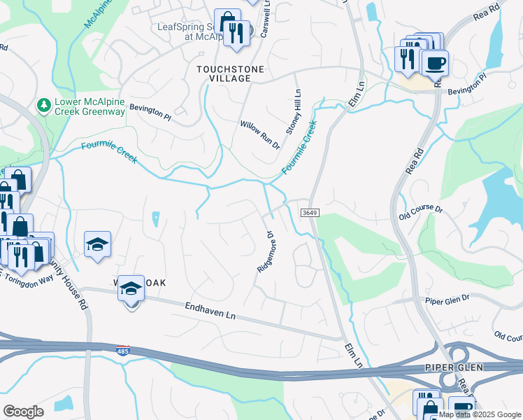 map of restaurants, bars, coffee shops, grocery stores, and more near 6230 Creek Bend Drive in Charlotte