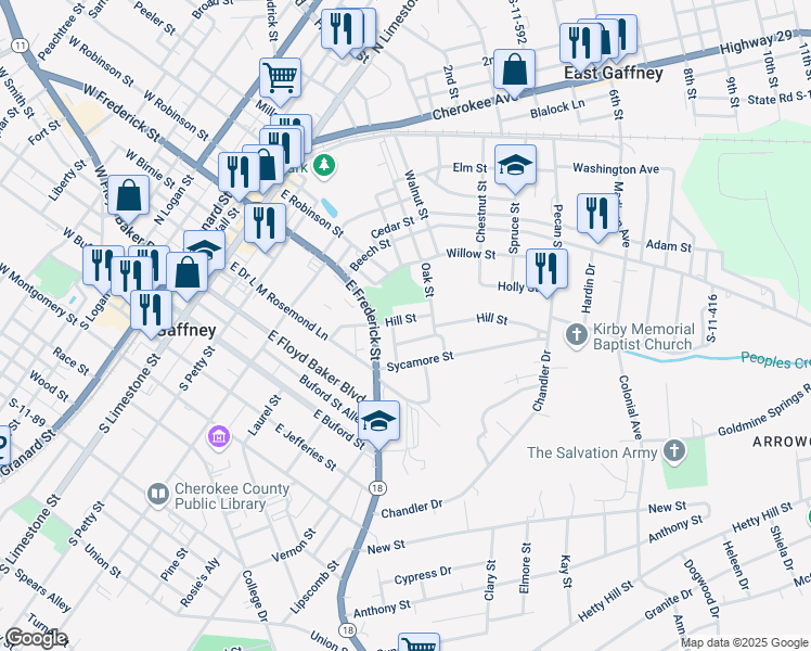 map of restaurants, bars, coffee shops, grocery stores, and more near 109 Hickory Street in Gaffney