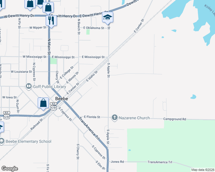 map of restaurants, bars, coffee shops, grocery stores, and more near 112 South Apple Street in Beebe