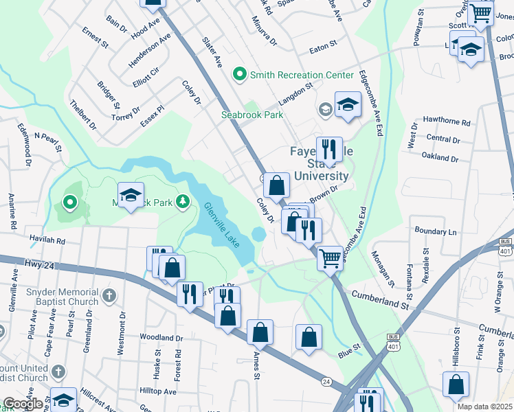 map of restaurants, bars, coffee shops, grocery stores, and more near 1227 Coley Drive in Fayetteville