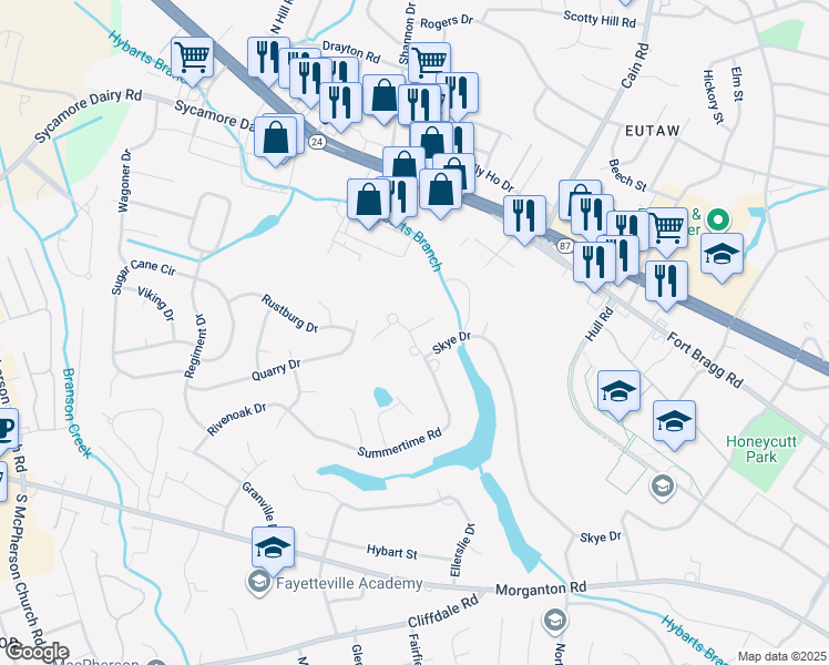map of restaurants, bars, coffee shops, grocery stores, and more near 500 Windwood on Skye in Fayetteville