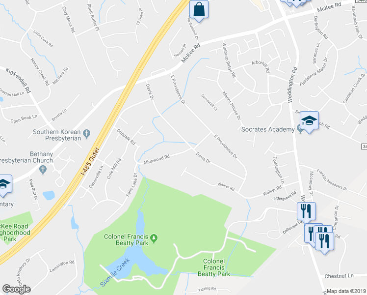 map of restaurants, bars, coffee shops, grocery stores, and more near 3930 Davis Drive in Charlotte