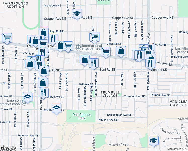 map of restaurants, bars, coffee shops, grocery stores, and more near 332 Dallas Street Southeast in Albuquerque