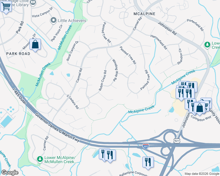 map of restaurants, bars, coffee shops, grocery stores, and more near 7413 Arborwood Court in Charlotte