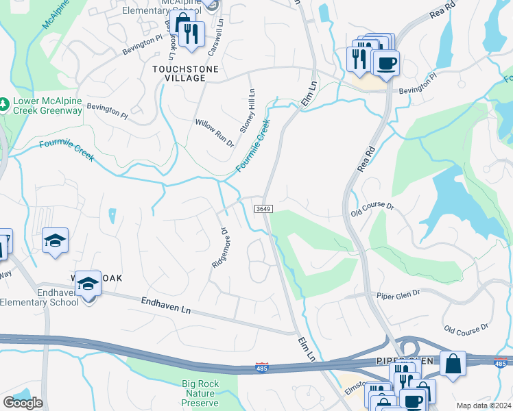 map of restaurants, bars, coffee shops, grocery stores, and more near 9909 Elm Creek Lane in Charlotte