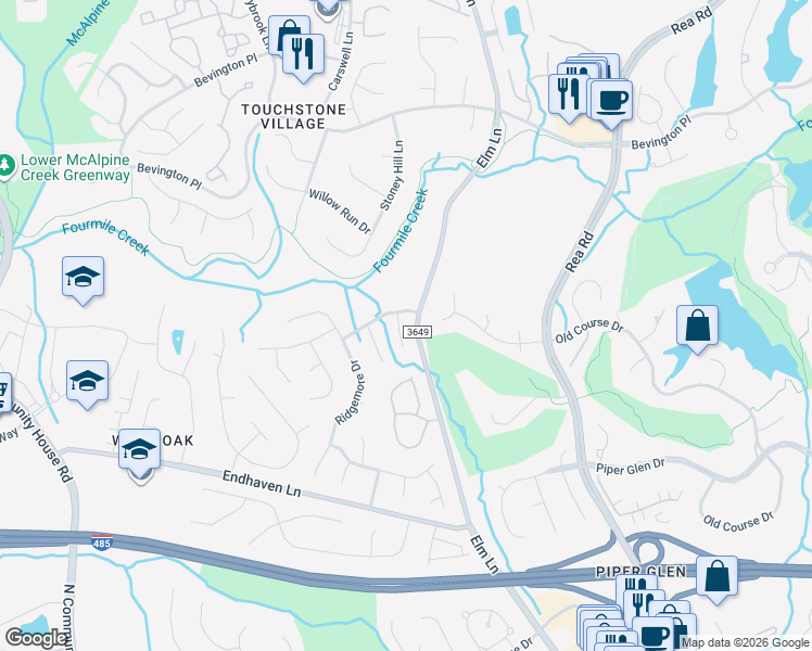 map of restaurants, bars, coffee shops, grocery stores, and more near 10012 Elm Lane in Charlotte