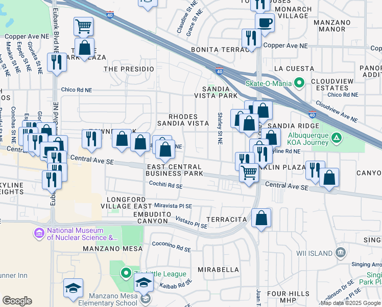 map of restaurants, bars, coffee shops, grocery stores, and more near 11310 Linn Avenue Northeast in Albuquerque