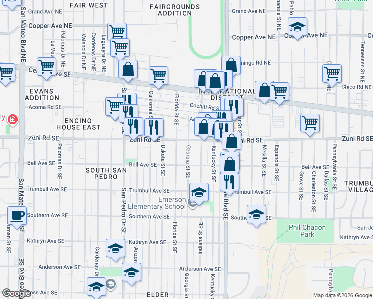 map of restaurants, bars, coffee shops, grocery stores, and more near 437 Georgia Street Southeast in Albuquerque