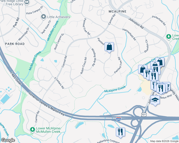 map of restaurants, bars, coffee shops, grocery stores, and more near 7413 Arborwood Court in Charlotte