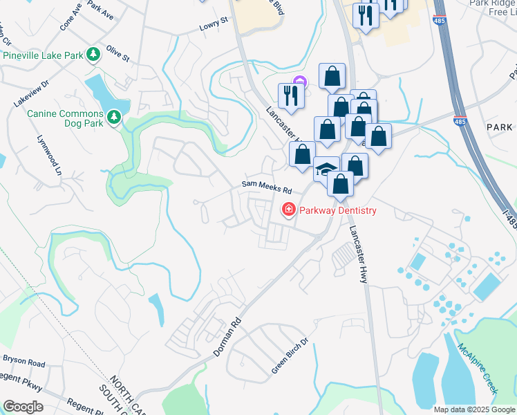map of restaurants, bars, coffee shops, grocery stores, and more near 10170 Enniscrone Road in Pineville