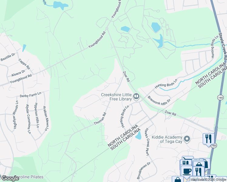 map of restaurants, bars, coffee shops, grocery stores, and more near 14815 Thomas Road in Charlotte