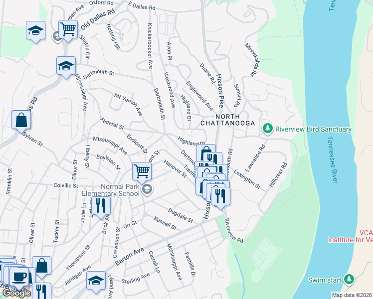 map of restaurants, bars, coffee shops, grocery stores, and more near 1126 Dartmouth Street in Chattanooga